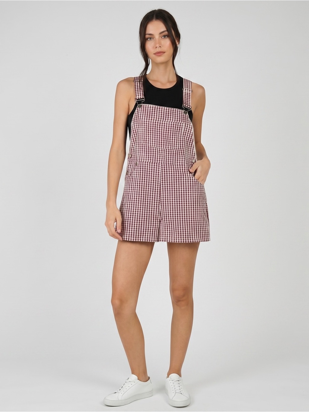 WeWoreWhat Gingham Short Overalls in Plum White Size XS / Medium NEW